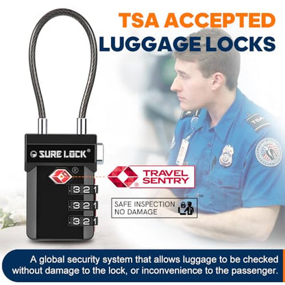 SURE LOCK TSA Approved Luggage Locks with Open Alert Indicator, 3 Digit Combination Cable Travel Lock for Suitcase, Backpack, Gym Locker, Toolbox, Carry On & Travel Bag - color: BLACK 4 PACK