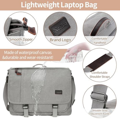 NerIion Nerlion Messenger Bag for Men 17-17.3 Inch Laptop Bag Canvas Water-resistant Computer Bag Shoulder Bag Work Briefcase Bookbag for College (Light Gray) - color: Light Grey