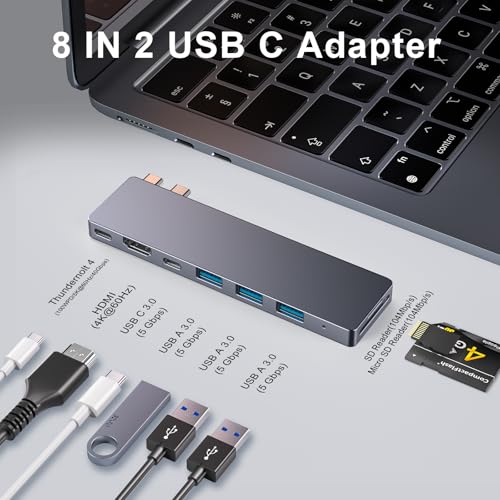 USB C Hub, 8 in 2 USB C Adapter Thunderbolt 4 HDMI MacBook Air Pro M1-M4 | Thunderbolt 4 Hub • 4K HDMI • 100W PD • 40Gbps • USB C 3.0 • 3 USB A 3.0 • SD/TF Card Reader • MacBook USB Adapter - size: 9820 Gray
