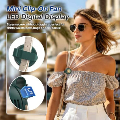 360° Rotatable Clip-On Fan, Quiet Portable Personal Fan with LED Speed Display, 5 Adjustable Wind Levels from Gentle Breeze to Strong Airflow for Outdoor & Office - color: green