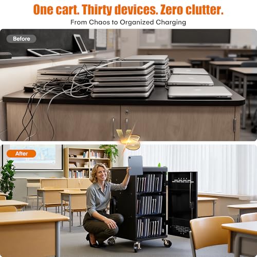 30 Device Charging Cart for Chromebooks, iPads & Laptops Up to 14" - Lockable Charging Station with Cable Management, 30-Outlet Power Strip, Circuit Breaker & Casters for Classrooms - size: 30 Tablet/Chromebook