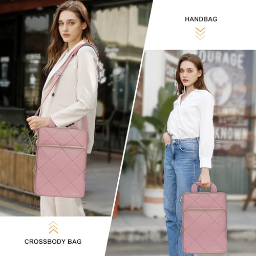 MOSISO Vertical Laptop Bag, Computer Bags | Rhombus Quilted Laptop Shoulder Bag with Trolley Sleeve&Pocket&Handle - color: Pink, size: 16 inch