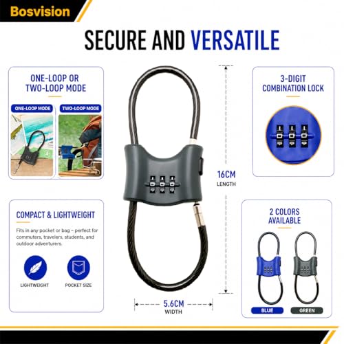 Bosvision 3-Digit Combination Lock with Braided Steel Cable – Secure Helmet, Backpack, Ski Gear, Luggage, Stroller – Dual Loop, Travel-Friendly Padlock - color: Green