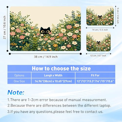 Universal Laptop Skin Sticker Decal with 2 Wrist Pad Skins, Waterproof Scratch Vinyl Cover for 11–15.6 Inch MacBook, HP, Dell, Lenovo, Cutable & Reusable,Black Cat Hiding Flowers - color: Black Cat Hiding Flowers