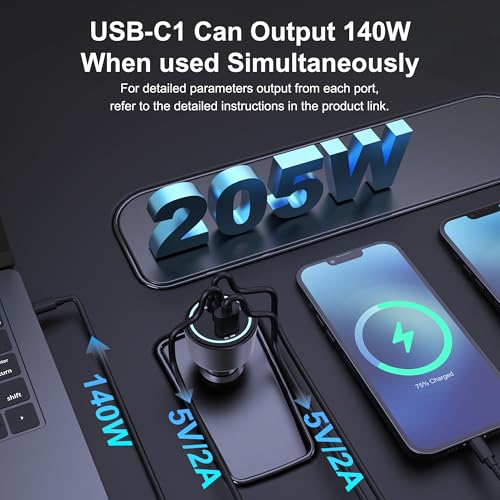 205W USB C Car Charger - 3-Ports, PD3.1 140W | PPS/QC3.0 Fast Charging, Type C Laptop Cigarette Lighter Adapter for MacBook Pro, iPhone 17/16 Pro Max