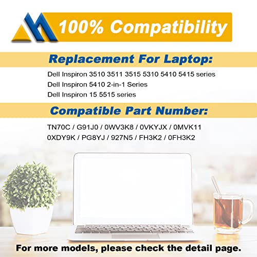 64Wh TN70C Battery Replacement for Dell Inspiron 3510 3511 3515 5310 5410 5418 5510 5515 Latitude 3320 3330 3420 3520 Series Vostro 3510 3511 3515 5410 5510 G91J0 V6W33 0WV3K8 15.2V 4000mAh - size: 11.22*3.48*0.21 inch TN70C