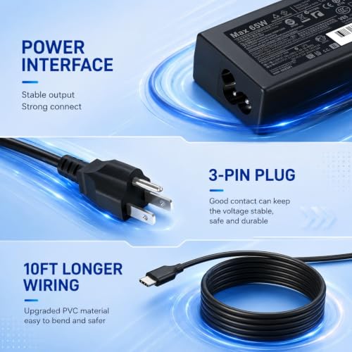 Business Office Universal 65W USB C Laptop Charger, Type C PD Fast Charging Adapter Compatible with Lenovo HP Dell Acer Asus Samsung Chromebook, Laptop Charger for School, Workspace and Commercial Use