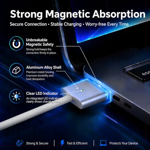 USB-C to Magnetic 3 Cable 6.6FT, 140W Charging Cable Compatible with MacBook Pro (16"/14" 2024/2023/2021), MacBook Air (15"/13" M4 2025, M3 2024, M2 2023, M2 2022) (Silvery)