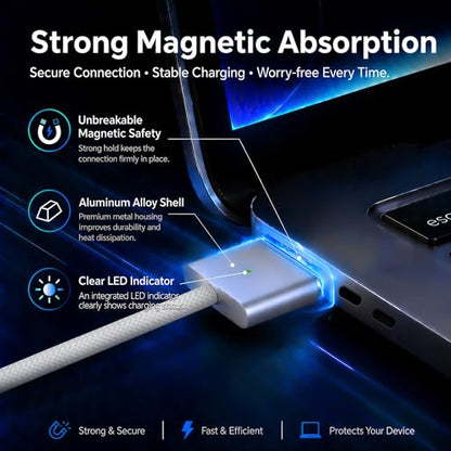 USB-C to Magnetic 3 Cable 6.6FT, 140W Charging Cable Compatible with MacBook Pro (16"/14" 2024/2023/2021), MacBook Air (15"/13" M4 2025, M3 2024, M2 2023, M2 2022) (Silvery)