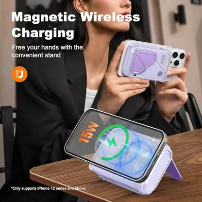 SEANCHEER P05 Portable Charger, Magnetic Power Bank, Small PowerBank, Battery Pack10000mAh Travel Essentials Fast Charging with Built in Cable, Foldable Wall Plug for iPhone,Samsung,Andriod (Purple) - color: Purple