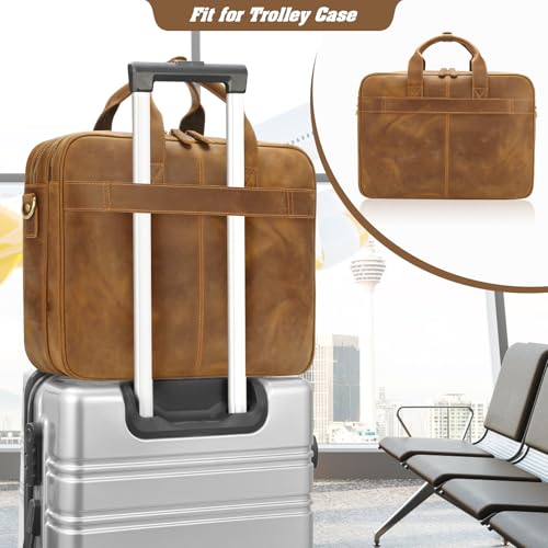 Jack&Chris Genuine Leather Briefcases for Men,15.6" Laptop Compartment Mens Laptop Messenger Bag - color: Mb005-light Brown-double