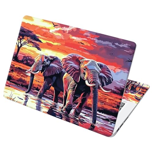 Universal Laptop Skin Sticker with 2 Wrist Pad Decals, 3-Piece Removable Vinyl Laptop Cover, Elephants Sunset Waterproof Anti-Scratch, Easy-Trim Fit for 13.3" 14" 15.6" Laptops - color: Elephants Sunset