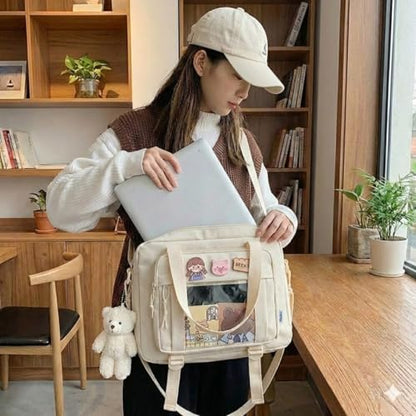 Kawaii Crossbody Ita Bag for Women with Pin & Plush Bear - Japanese Messenger Bags Y2K Shoulder Purse - color: B Pro Beige (Fits 13.4" Laptop)