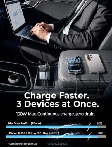 LISEN 136W Retractable Car Charger USB C Fast Charge, PD 100W Type C Retractable Cable, Cigarette Lighter Adapter for MacBook Pro/Air, iPhone 17/16/15 Pro Max, Samsung S26/S25 Ultra, iPad Pro, Laptop