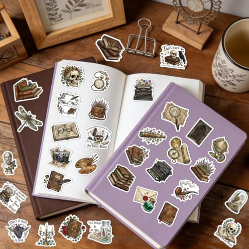100 Pcs Dark Academia Stickers Gothic Bookish Decals | Book Lover Stickers, Glossy Waterproof Vinyl, Gothic Book Design, Vintage Aesthetic Sticker for Water Bottle Laptop Journal - style: Dark Academia