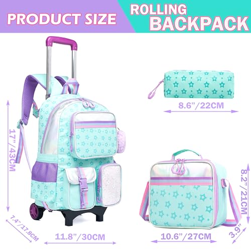 Meetbelify Rolling Backpack with Wheels - Cute Carry On Backpack with Lunch Box Pencil Case for Elementary Student to Teen Girls - 8-10 Years - color: Star Green