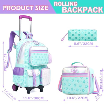 Meetbelify Rolling Backpack with Wheels - Cute Carry On Backpack with Lunch Box Pencil Case for Elementary Student to Teen Girls - 8-10 Years - color: Star Green
