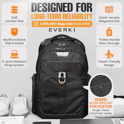 EVERKI Atlas Business Backpack with Laptop Compartment, Black - 29.5 Liters | Polyester, Durable, Adjustable Padded Pockets, Business, Travel - Friendly & Work, Water Repellent, Fits up 11\" to 15.6\" - size: 29.5 Liters