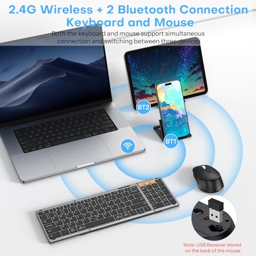Foldable Keyboard and Mouse for 3 Devices, OMOTON Wireless Bluetooth Combo | USB-C Rechargeable, Ergonomic Mouse, Full-Size Folding with Numpad for Mac/Windows/iPhone/Tablet, Travel Portable, Space Grey