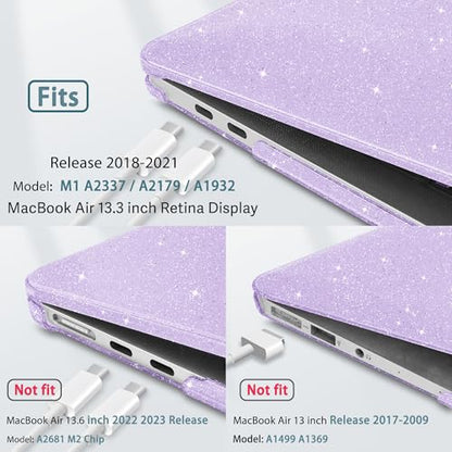 May Chen Compatible with MacBook Air 13 inch Case 2021 2020 2019 2018 Release Models: M1 A2337 A2179 A1932, Plastic Hard Shell Case for Mac Air 13 inch with Retina Fits Touch ID, Purple Glitter - color: Purple Glitter