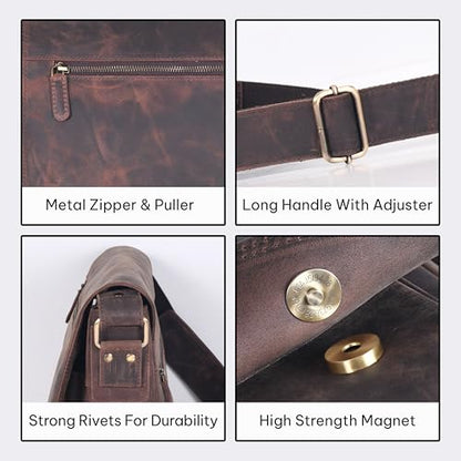 VALENCHI 15" Full Grain Leather Laptop Messenger Bag For Men & Women - Padded 15.3" Laptop Compartment, Ample Storage & Pockets, Premium Natural Leather (Brown Oily Hunter) - color: Brown Oily Hunter