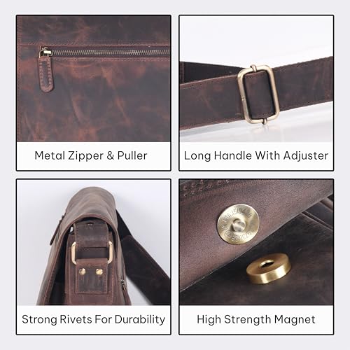 VALENCHI 15" Full Grain Leather Laptop Messenger Bag For Men & Women - Padded 15.3" Laptop Compartment, Ample Storage & Pockets, Premium Natural Leather (Brown Oily Hunter) - color: Brown Oily Hunter
