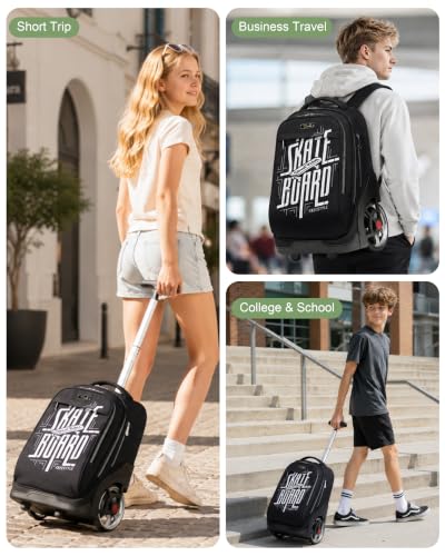 NEW TILAMI 19 Inch Rolling Backpack with Lunch Bag School Stair-Climbing | Stair-Climbing Teen Boys Girls Carry-on Suitcase Large Compartment 15.6 Laptop Sleeve Adjustable Handle Roller Travel Bag - color: Skate Board
