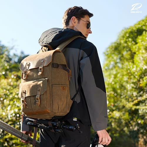 Padwa Lifestyle Khaki Professional Camera Backpack - Retro Crazy Horse Art Cowhide Canvas Large Camera Bag with Multi Camera&16” Laptop Thick Compartment,Weather Resistant Photography Backpacks - color: Khaki