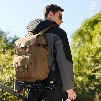 Padwa Lifestyle Khaki Professional Camera Backpack - Retro Crazy Horse Art Cowhide Canvas Large Camera Bag with Multi Camera&16” Laptop Thick Compartment,Weather Resistant Photography Backpacks - color: Khaki