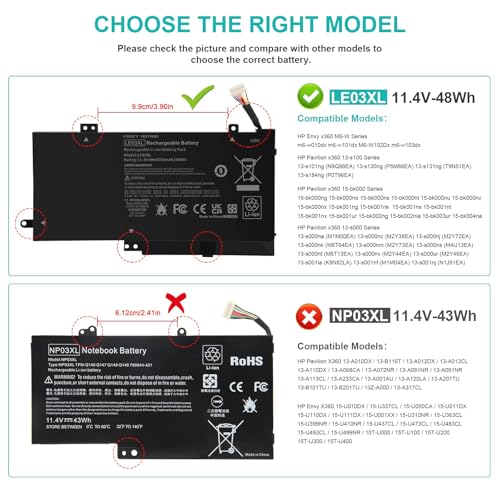 Fancy Buying LE03XL LE03 796356-005 796220-831 Laptop Battery for HP Envy X360 m6-w 15-w W103dx W010dx w102dx w101dx, Pavilion X360 13-S 15-bk 13-s120nr 13-s128nr 15-bk010nr TPN-W116 TPN-W113 - size: 7.28*3.86*0.28inch LE03XL