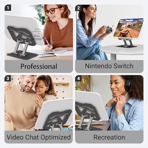 360° Swivel Tablet Stand for iPad, Adjustable Height & Angle Ergonomic Holder, Foldable Portable Desktop Mount for 4-11.9 inch Tablets & Phones, Non-Slip Base with Heat Vent - color: black