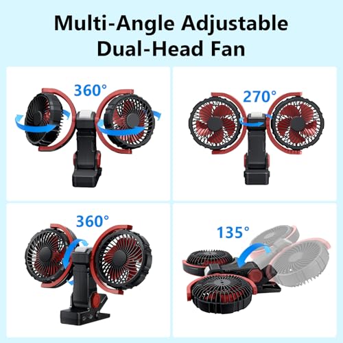 Dual Head Clip on Fan Battery Powered with Light,Portable USB Rechargeable Powerful Desk Table Fans,360°Rotation Cooling Clamp Fans for Car,Golf Cart,Treadmill,Kitchen,Outdoor Travel Camping(Black) - color: Black