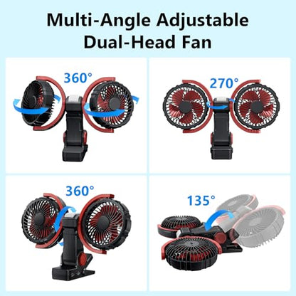 Dual Head Clip on Fan Battery Powered with Light,Portable USB Rechargeable Powerful Desk Table Fans,360°Rotation Cooling Clamp Fans for Car,Golf Cart,Treadmill,Kitchen,Outdoor Travel Camping(Black) - color: Black