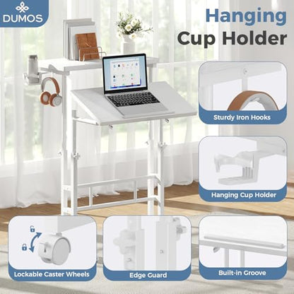 DUMOS Rolling Standing Desk, Sit Stand Desk, Computer Cart | Manual Height Adjustable, Split Top Mobile, Laptop Workstation, Portable Home Office, Walking Pad Study Surface, White - color: White