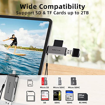 WALNEW SD Card Reader, USB 3.0 & USB-C SD/TF Memory Card Adapter | Supports UHS-I SD/SDHC/SDXC/MicroSD, Compatible with MacBook, PC, iPad, iPhone 15, Samsung Galaxy Android - color: Gray