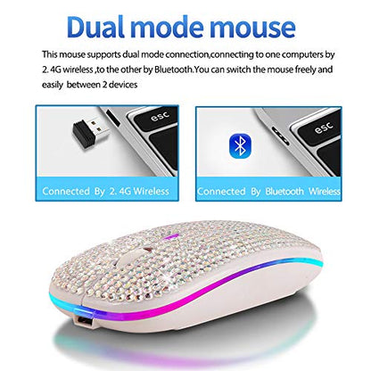 Bluetooth Mouse,Bling Dazzling 2.4GHz Rechargeable Wireless Mouse Slim Mouse with USB Receiver, Compatible with Notebook, PC, Laptop, Computer, MacBook,Great Present idea for Her (White) - color: White