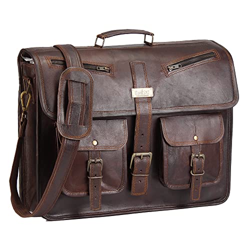 Leather Messenger Bag for Men and Women 18 Inch | Best Laptop Briefcase Satchel Computer Bag with Adjustable Strap - color: Brown