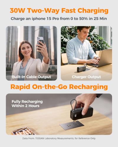 TESSAN Portable Charger Power Bank 10000mAh,3-in-1 Built in 30W USB C Cable | 2 USB C (1 Port & 1 Cable), 1 Foldable AC Wall Plug, Portable Charger, Travel Essentials for iPhone 17/16/15 Series, Samsung