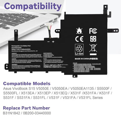 B31N1842 0B200-03440000 Laptop Battery Replacement for ASUS VivoBook S15 X513EA X513EP X513EQ X513IA X531F X531FA K531 K531F K513EA K513EQ F513EA F513EP S513EA S513EP S513EQ K531FA X531FL S531F - size: 8.46*5.55*0.24inch B31N1842