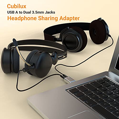 Cubilux USB A to Dual 3.5mm Headphone Splitter with DAC - USB to Double Stereo Audio Adapter - Compatible with Lenovo HP Dell Asus Computer Laptop PC
