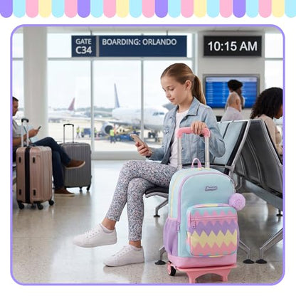 Girls Rolling Backpack for Kids Backpack with Wheels for Elementary School,Large Capacity Trolley School Bag with Lunch Box Pencil Case - color: Purple Blue