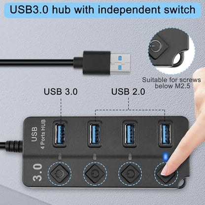 5FT 4-Port USB3.0 Expander Hub, USB 3.0 Fast Data Hub with Individual LED Power On/Off Switches, Portable USB Port Extender for PC, USB Flash Drives and More