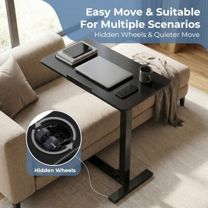 DUMOS Mobile Standing Desk, Bedside Table, Overbed Table | Adjustable Pneumatic Lift, Hidden Wheels, Portable Computer Cart, Bed Couch Office Sofa, Black - color: Ink