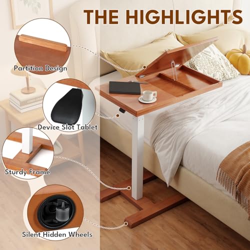 28" W x 16" D Tilt Desktop Overbed Table with H-Shaped Sturdy Base, Premium Rubberwood with 360° Concealed Casters, Moveable Bedside Table for Home,Office,Hospital Use (Wood) - color: Wood, style: Tilt