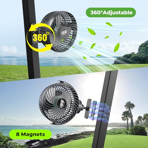 10L0L Magnetic Golf Cart Fan, 3-Speed Portable Cooling Fan, 56Hrs Runtime 8000mAh Battery with LED Light & Reverse Charging Function for All Golf Carts