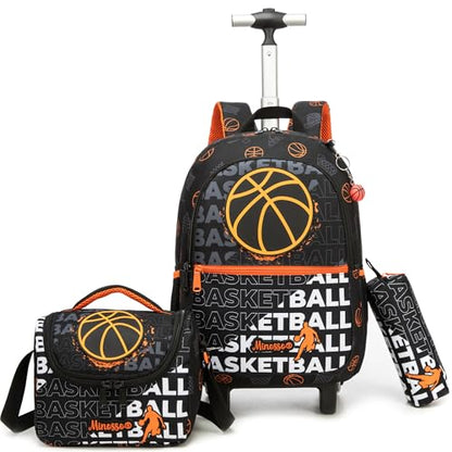 Kids Rolling Backpack for Boys 16.5" School Roller Backpack with Lunch Box, Toddler Backpacks with Wheels Rollig Wheeled Backpacks for Elementary School - color: Black Basketball