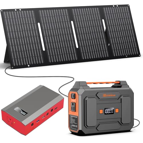 Portable Solar Power Station with Foldable Solar Panel 60W, 110V AC Outlet Camping Solar Powered Generator with Panels, Solar Powered Power Bank Generator for Laptop Smart Devices RV Outdoor Backup