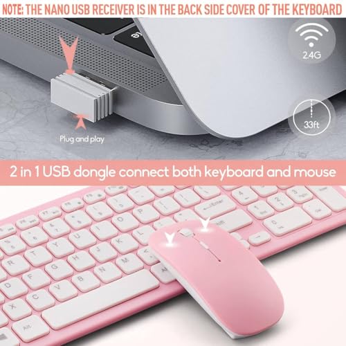 Wireless Keyboard and Mouse Combo, Compact Quiet Wireless Keyboard and Mouse Set 2.4G Ultra-Thin Sleek Design for Windows, Computer, Desktop, PC, Notebook, Laptop (Pink) - color: pink