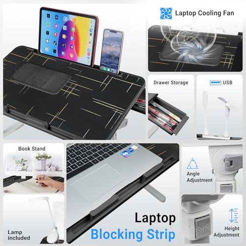 Adjustable Laptop Lap Desk with Cooling Fan USB Light for Adults 60 * 40cm,Black - color: Black+holder,60*40cm