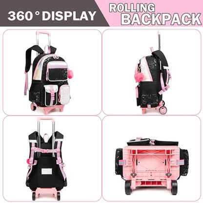 Meetbelify Girls Rolling Backpack with Wheels - Cute Kawaii Carry On Backpack for Elementary Students - Lunch Box Included - Travel Suitcase for Girls 8-10 - color: Love Black